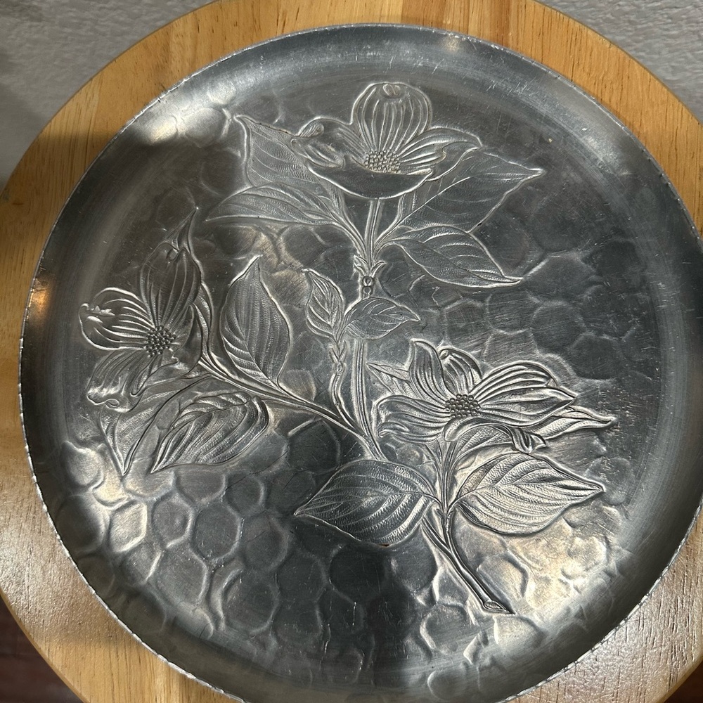 Vintage Stede Hand Forged Aluminum Metal Floral Embossed Silver Plate Dogwood